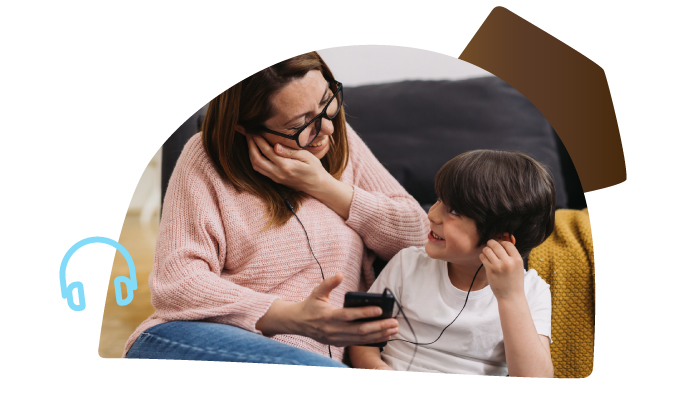 mom and son sharing earphones